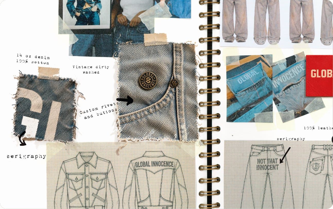 Sketches, denim swatches and design notes for the ORIGIN collection.